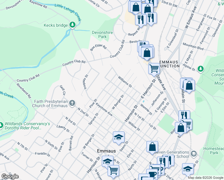 map of restaurants, bars, coffee shops, grocery stores, and more near 12 Pine Street in Emmaus