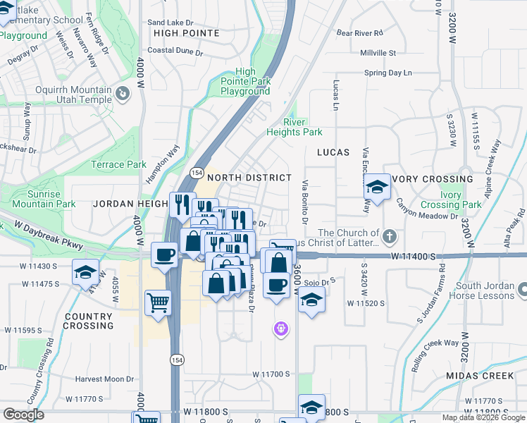 map of restaurants, bars, coffee shops, grocery stores, and more near 3699 Lilac Heights Drive in South Jordan