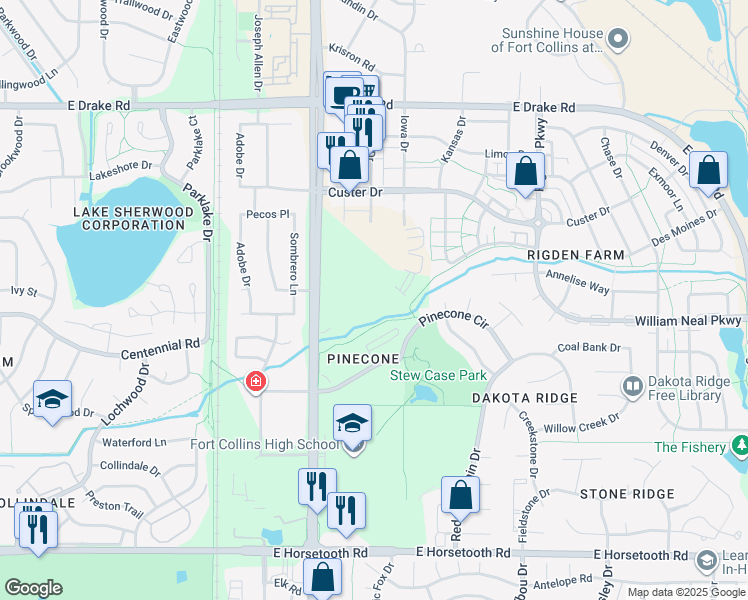 map of restaurants, bars, coffee shops, grocery stores, and more near 3008 South Timberline Road in Fort Collins