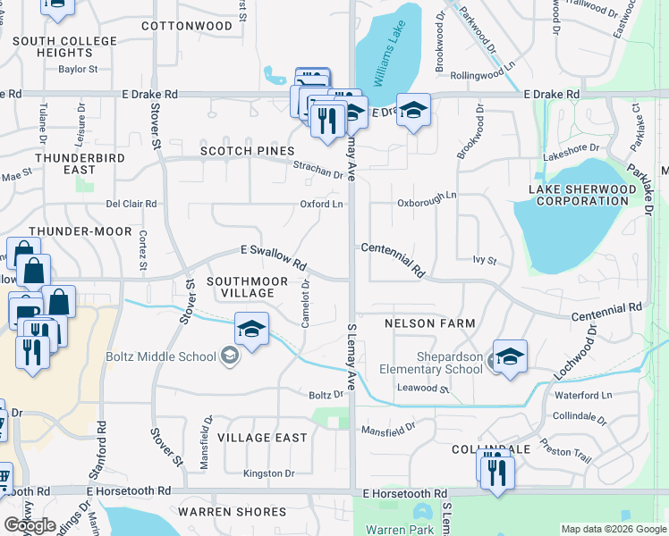 map of restaurants, bars, coffee shops, grocery stores, and more near 1024 East Swallow Road in Fort Collins