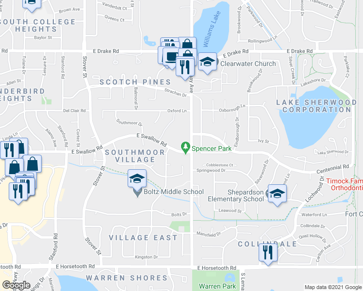 map of restaurants, bars, coffee shops, grocery stores, and more near 1024 East Swallow Road in Fort Collins