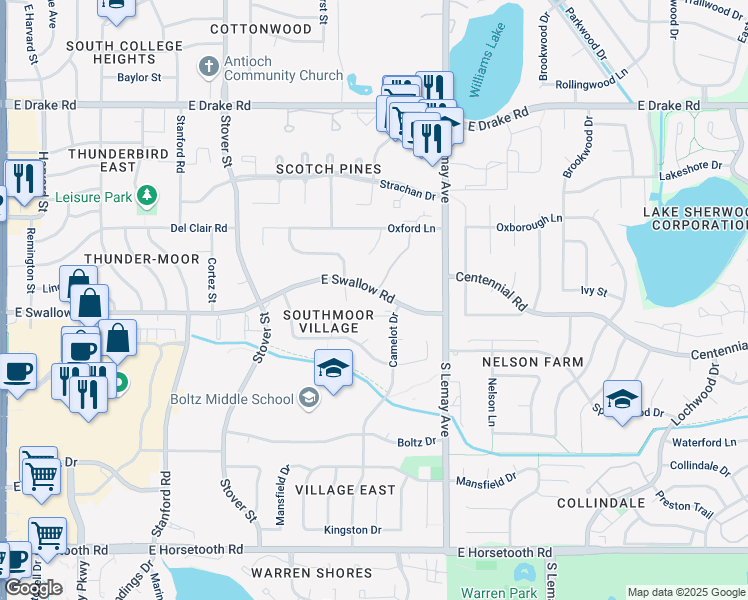 map of restaurants, bars, coffee shops, grocery stores, and more near 905 East Swallow Road in Fort Collins