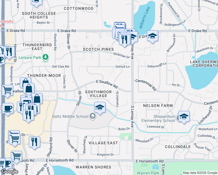map of restaurants, bars, coffee shops, grocery stores, and more near 905 East Swallow Road in Fort Collins