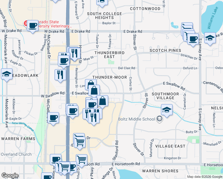 map of restaurants, bars, coffee shops, grocery stores, and more near 3019 Alamo Avenue in Fort Collins
