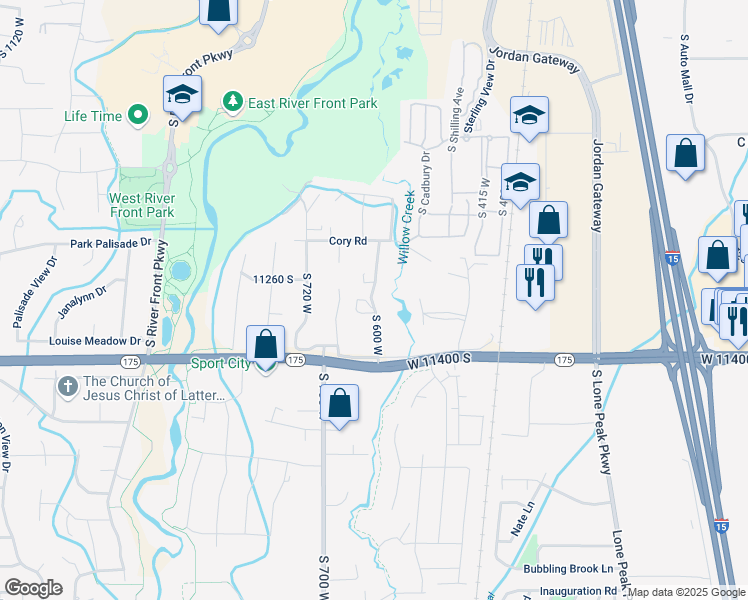 map of restaurants, bars, coffee shops, grocery stores, and more near 11271 South Brook N Lance in South Jordan