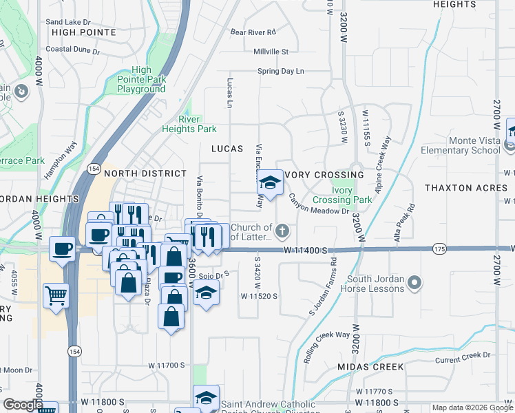 map of restaurants, bars, coffee shops, grocery stores, and more near 11272 Slate View Drive in South Jordan