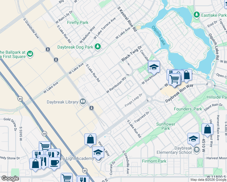 map of restaurants, bars, coffee shops, grocery stores, and more near 5033 Rambutan Way in South Jordan