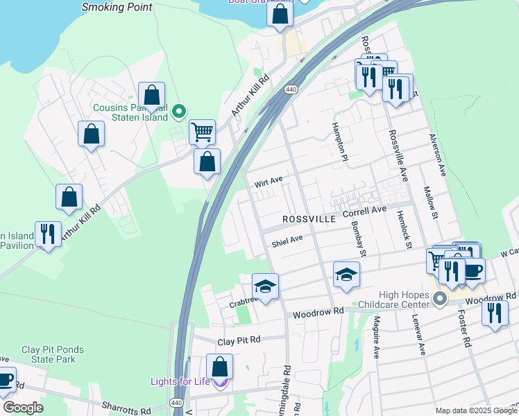 map of restaurants, bars, coffee shops, grocery stores, and more near 14 Lorraine Loop in Staten Island