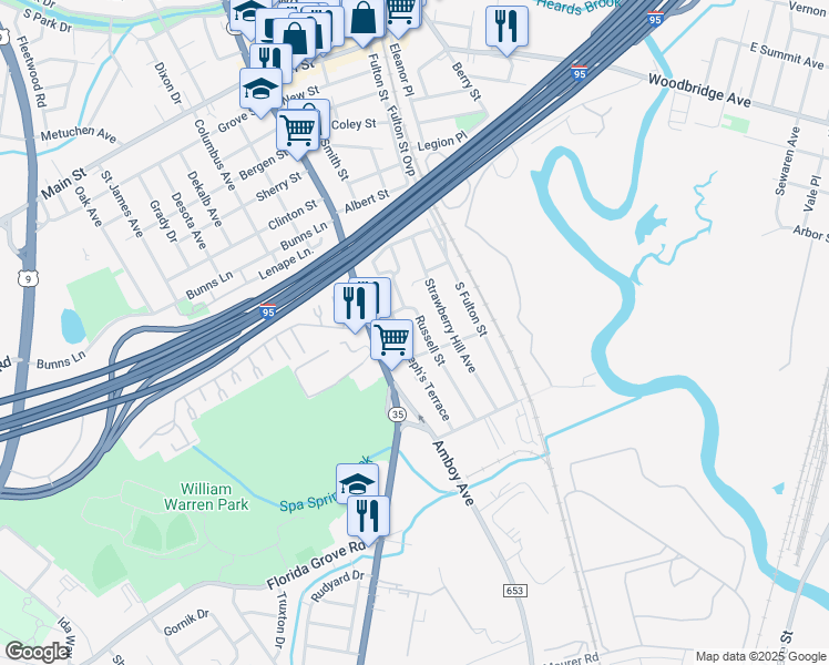 map of restaurants, bars, coffee shops, grocery stores, and more near 146 Russell Street in Woodbridge Township