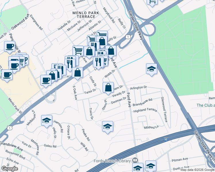 map of restaurants, bars, coffee shops, grocery stores, and more near 61 Webb Drive in Woodbridge Township