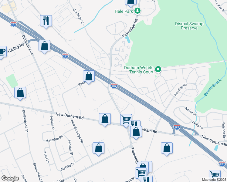 map of restaurants, bars, coffee shops, grocery stores, and more near 5 Waterford Drive in Edison