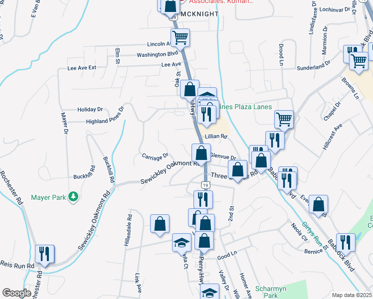map of restaurants, bars, coffee shops, grocery stores, and more near 1105 U.S. 19 in Pittsburgh