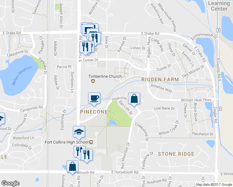 map of restaurants, bars, coffee shops, grocery stores, and more near 3007 San Luis Court in Fort Collins