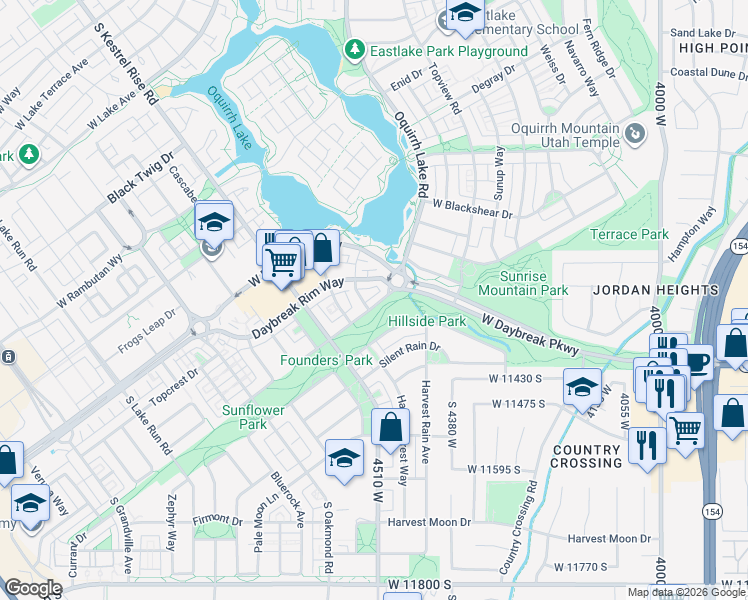map of restaurants, bars, coffee shops, grocery stores, and more near 4512 Kestrel Ridge Road in South Jordan