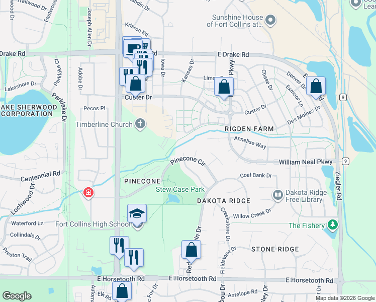 map of restaurants, bars, coffee shops, grocery stores, and more near 3007 Milner Court in Fort Collins
