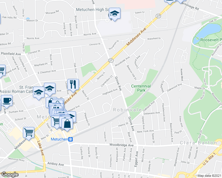 map of restaurants, bars, coffee shops, grocery stores, and more near 8 Beverly Court in Metuchen