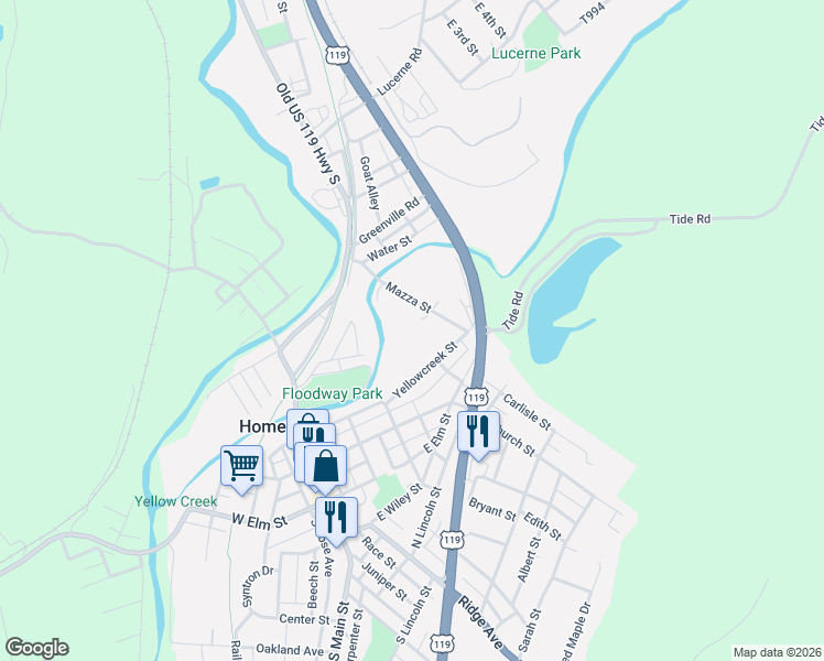 map of restaurants, bars, coffee shops, grocery stores, and more near 176 Mazza Street in Homer City