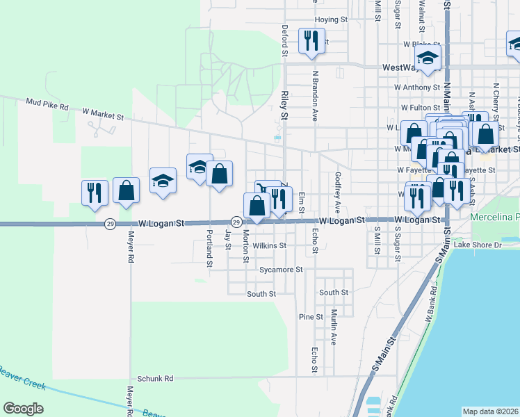 map of restaurants, bars, coffee shops, grocery stores, and more near 306 Stella Street in Celina