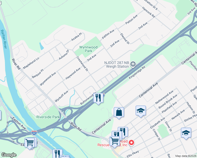 map of restaurants, bars, coffee shops, grocery stores, and more near 5 Cherrywood Drive in Piscataway