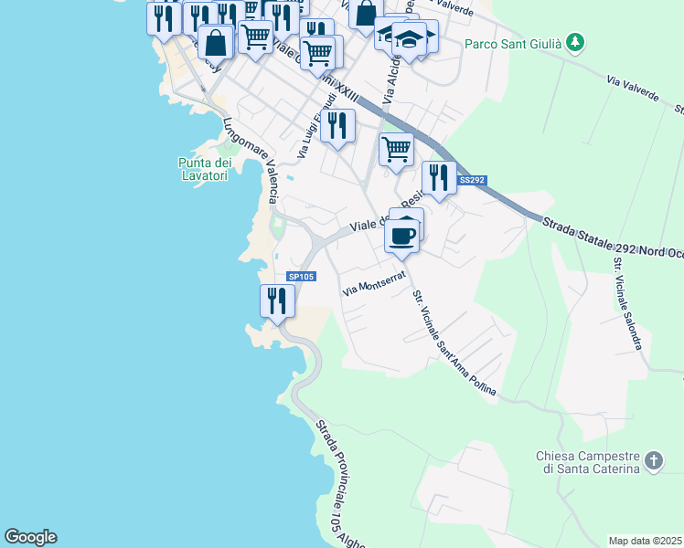 map of restaurants, bars, coffee shops, grocery stores, and more near 1 Via Carbia in Alghero