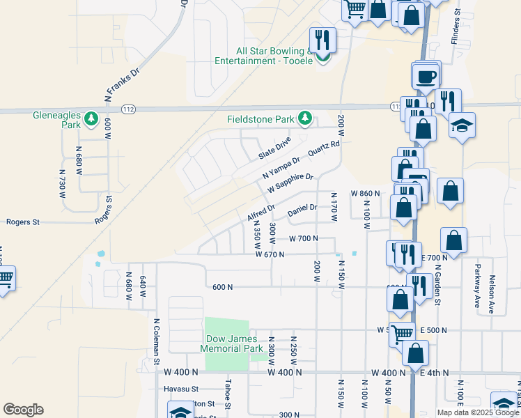 map of restaurants, bars, coffee shops, grocery stores, and more near 332 Alfred Drive in Tooele