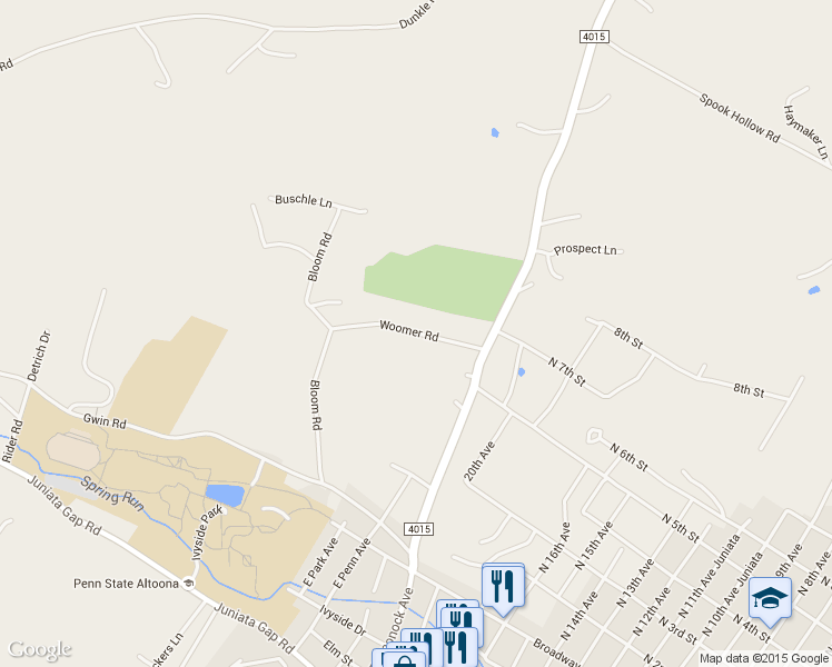 map of restaurants, bars, coffee shops, grocery stores, and more near Woomer Road in Altoona