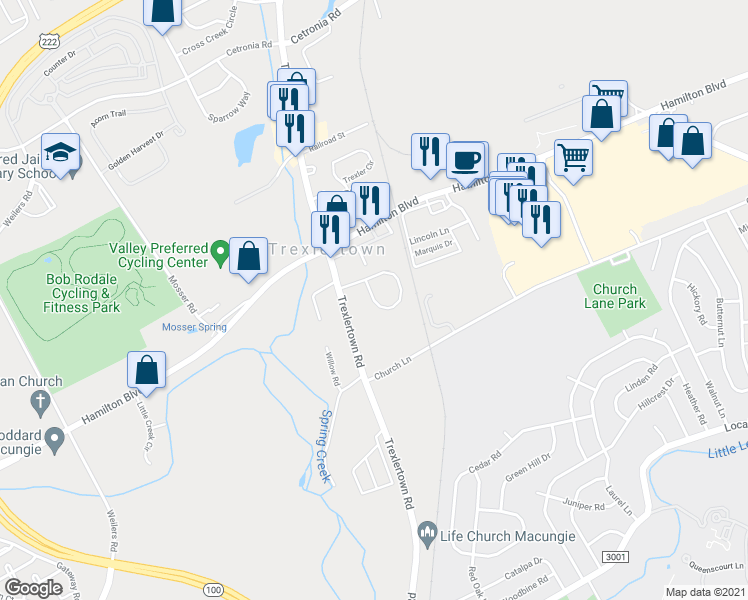 map of restaurants, bars, coffee shops, grocery stores, and more near 7657 Brandywine Circle in Trexlertown