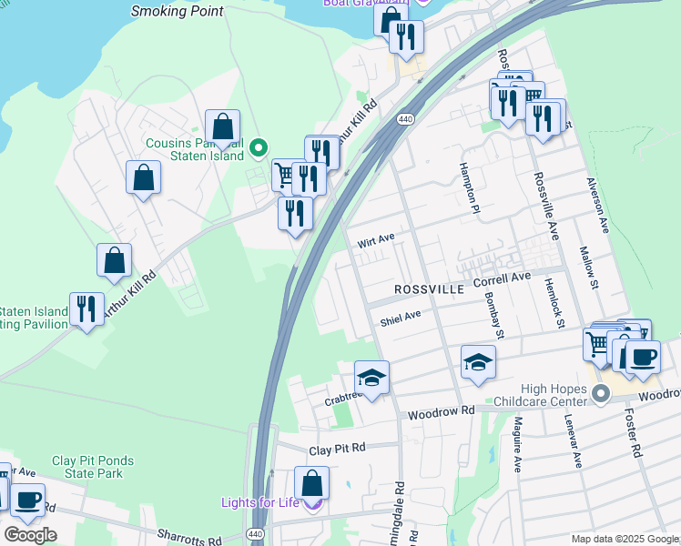 map of restaurants, bars, coffee shops, grocery stores, and more near 14 Lorraine Loop in Staten Island