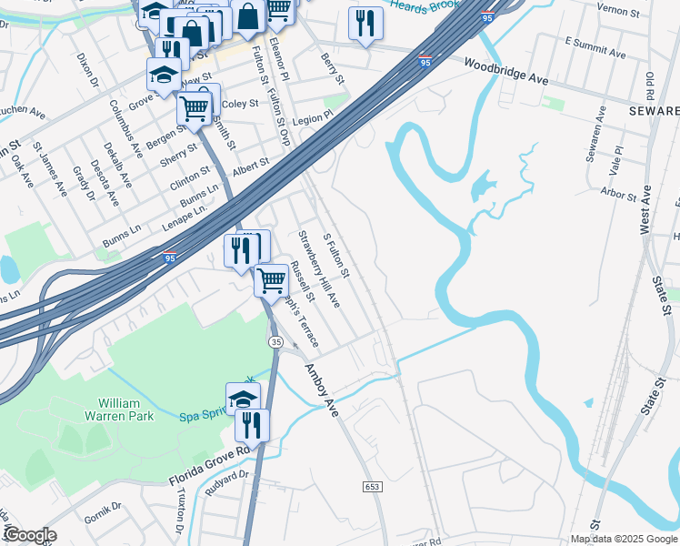 map of restaurants, bars, coffee shops, grocery stores, and more near 127 South Fulton Street in Woodbridge Township