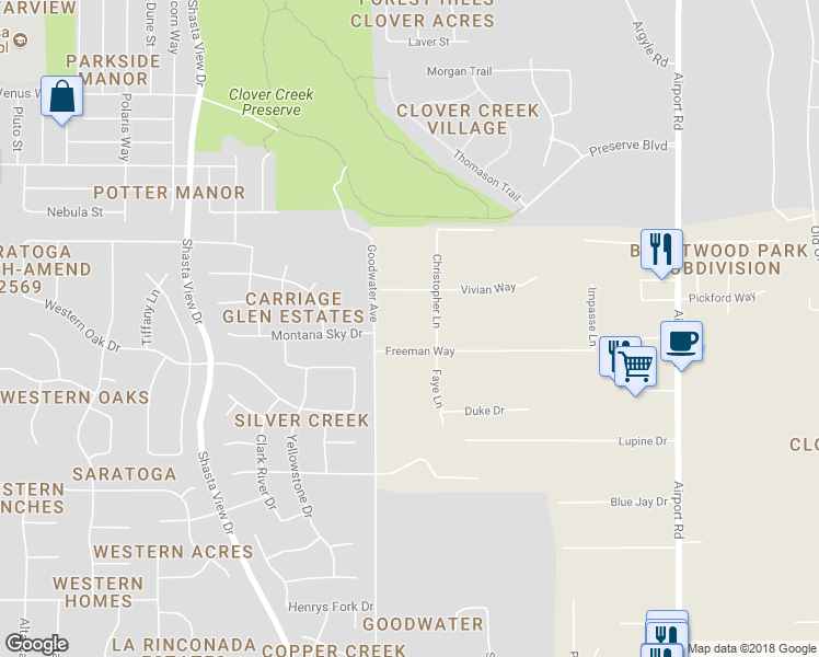 map of restaurants, bars, coffee shops, grocery stores, and more near 20038 Freeman Way in Redding