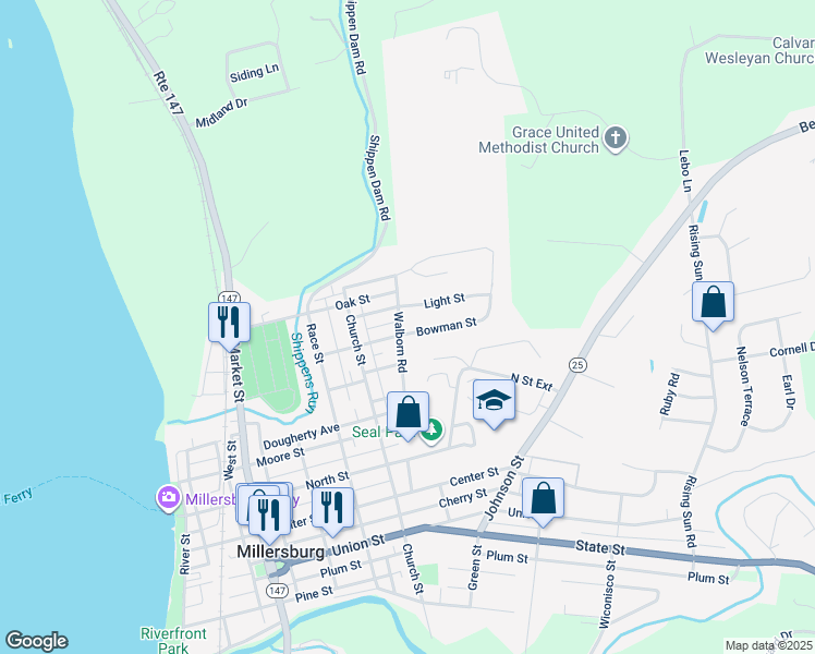 map of restaurants, bars, coffee shops, grocery stores, and more near 601 Bowman Street in Millersburg