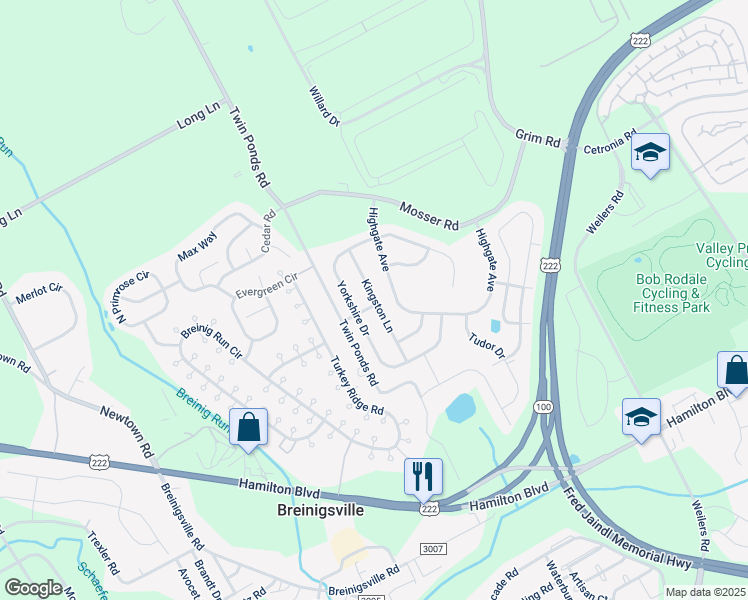 map of restaurants, bars, coffee shops, grocery stores, and more near 1076 Kingston Lane in Breinigsville