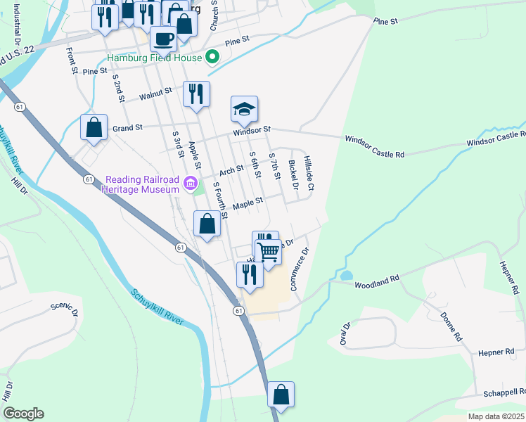 map of restaurants, bars, coffee shops, grocery stores, and more near 600 South 6th Street in Hamburg