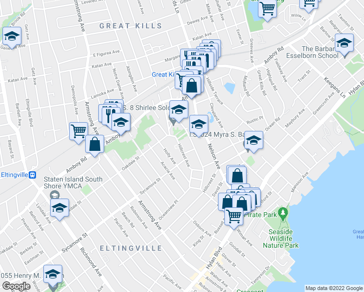 map of restaurants, bars, coffee shops, grocery stores, and more near 150 Lindenwood Road in Staten Island