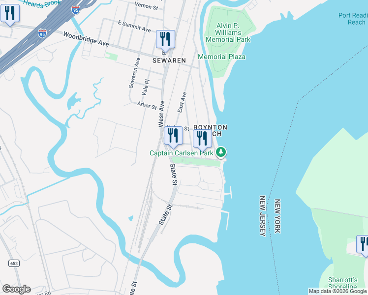 map of restaurants, bars, coffee shops, grocery stores, and more near 44 New Street in Woodbridge Township