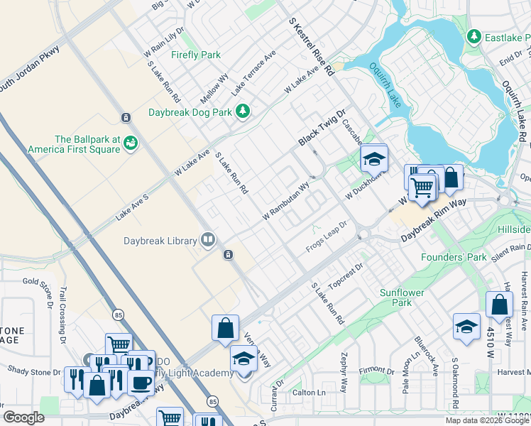 map of restaurants, bars, coffee shops, grocery stores, and more near 11283 South Lake Run Road in South Jordan