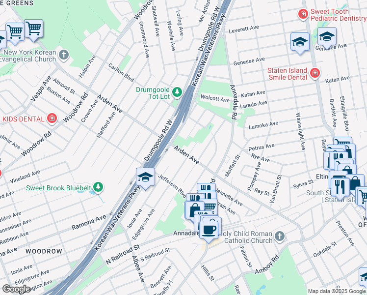 map of restaurants, bars, coffee shops, grocery stores, and more near 697 Arden Avenue in Staten Island
