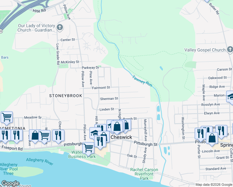 map of restaurants, bars, coffee shops, grocery stores, and more near 509 North Highland Avenue in Cheswick