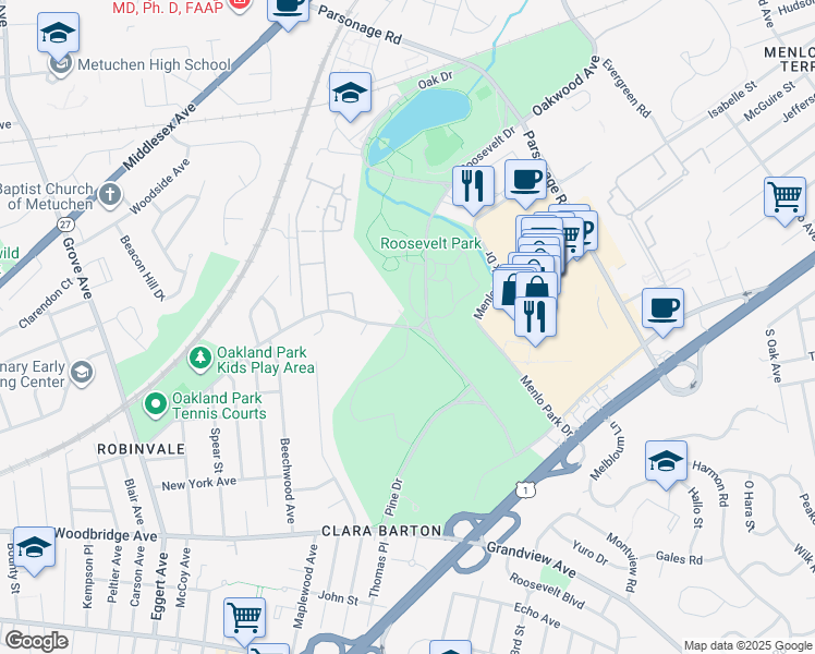 map of restaurants, bars, coffee shops, grocery stores, and more near 148 Oakwood Avenue in Edison