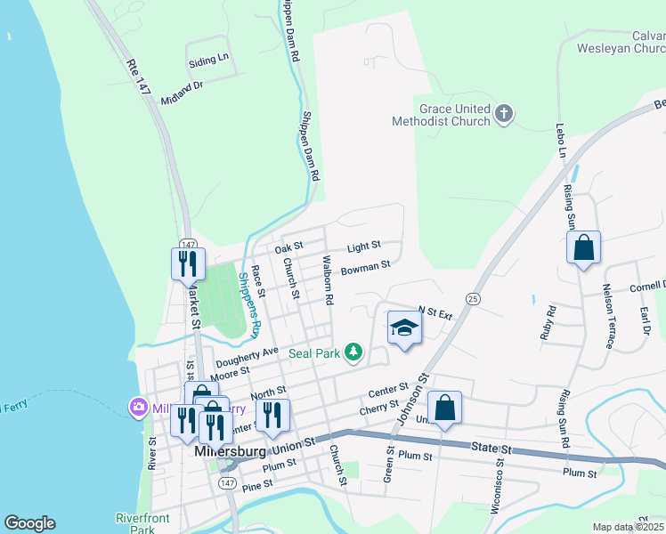 map of restaurants, bars, coffee shops, grocery stores, and more near 601 Bowman Street in Millersburg