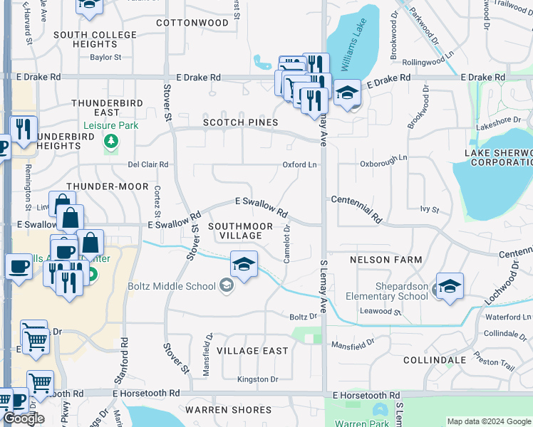 map of restaurants, bars, coffee shops, grocery stores, and more near 905 East Swallow Road in Fort Collins