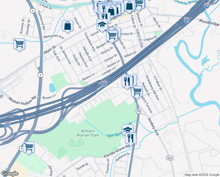 map of restaurants, bars, coffee shops, grocery stores, and more near 610 Cricket Lane in Woodbridge Township