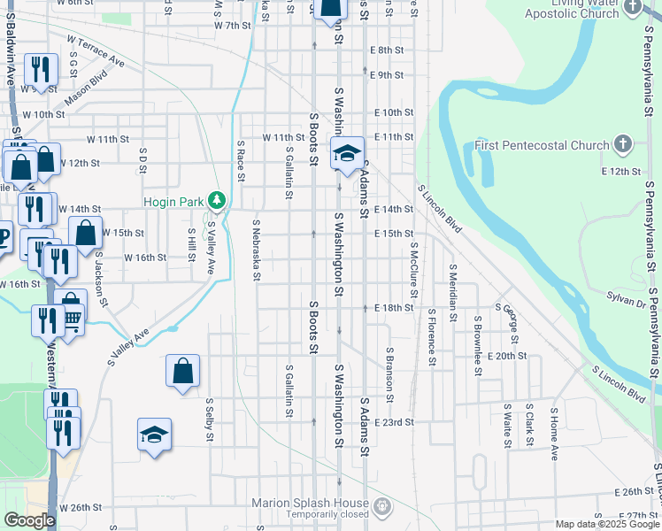 map of restaurants, bars, coffee shops, grocery stores, and more near 117 West 16th Street in Marion