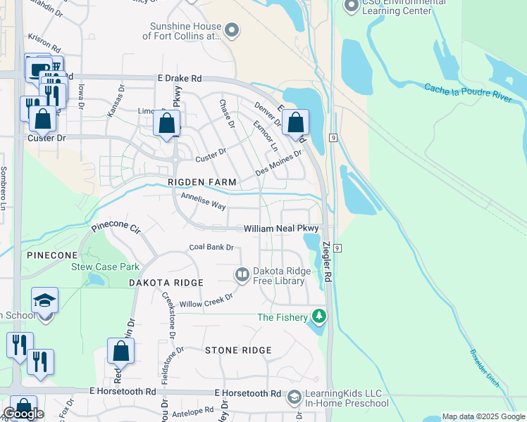 map of restaurants, bars, coffee shops, grocery stores, and more near 3002 Chase Drive in Fort Collins