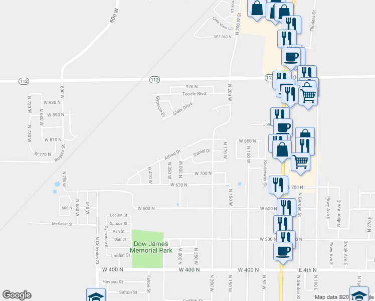 map of restaurants, bars, coffee shops, grocery stores, and more near 283 Alfred Drive in Tooele