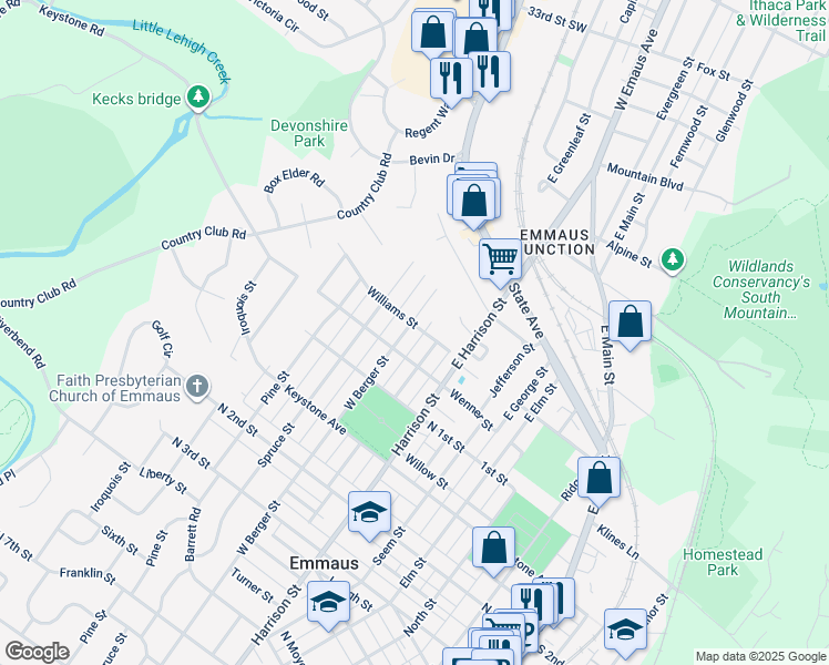map of restaurants, bars, coffee shops, grocery stores, and more near 24 East Berger Street in Emmaus
