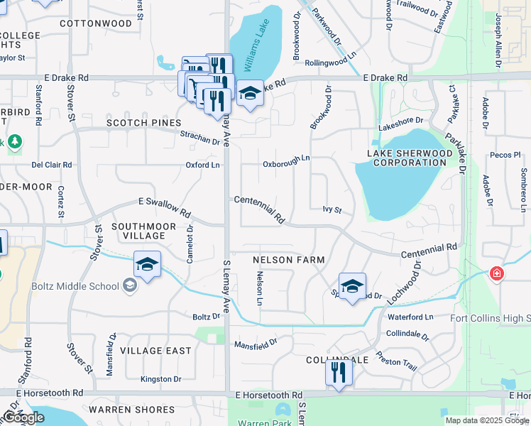 map of restaurants, bars, coffee shops, grocery stores, and more near 1131 Centennial Road in Fort Collins