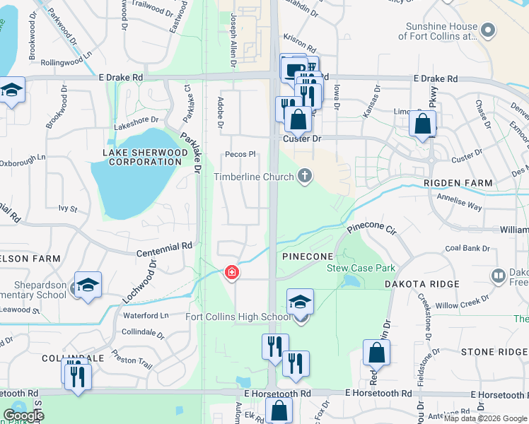 map of restaurants, bars, coffee shops, grocery stores, and more near 2920 South Timberline Road in Fort Collins