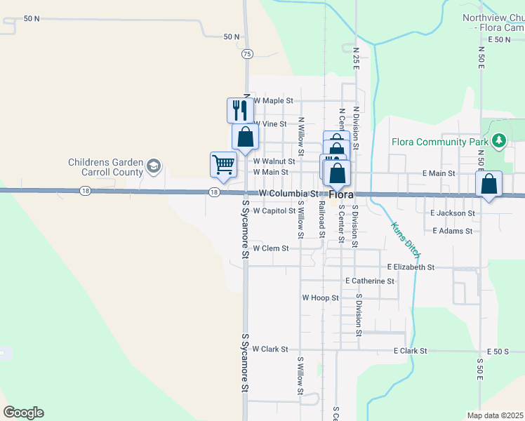 map of restaurants, bars, coffee shops, grocery stores, and more near 407 West Capitol Street in Flora