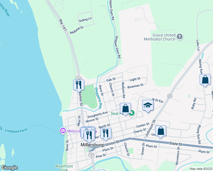 map of restaurants, bars, coffee shops, grocery stores, and more near 773 Church Street in Millersburg